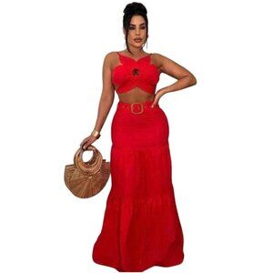 2-Piece Red Maxi Skirt & Bow Top Set For Women - Size L 95% Polyester 5% Spandex